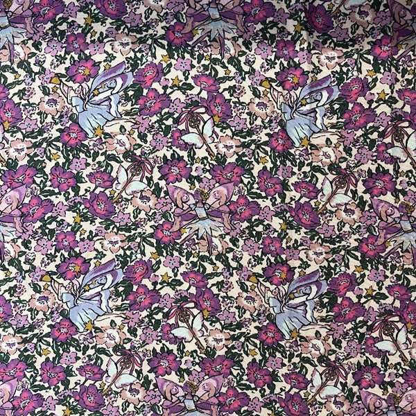 Deadstock Fairies & Florals Purple & Pink Printed Polyester Dress Fabric