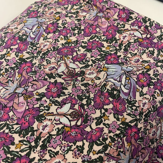 Deadstock Fairies & Florals Purple & Pink Printed Polyester Dress Fabric