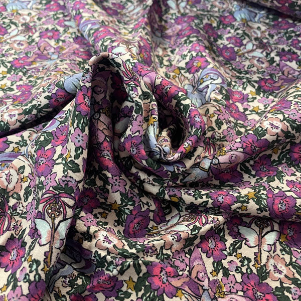 Deadstock Fairies & Florals Purple & Pink Printed Polyester Dress Fabric