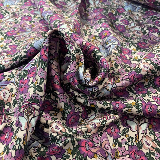Deadstock Fairies & Florals Purple & Pink Printed Polyester Dress Fabric