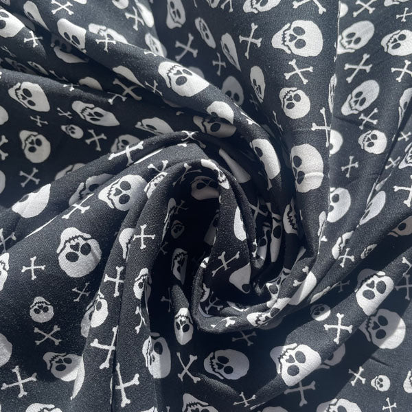 Deadstock Black & White Skull & Crossbones Print Cotton Fabric