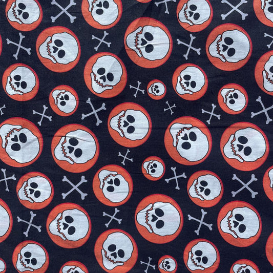 Deadstock Orange, Black & White Skull Circle Print Cotton Fabric