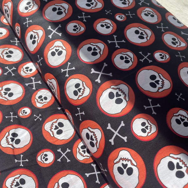 Deadstock Orange, Black & White Skull Circle Print Cotton Fabric
