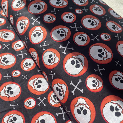 Deadstock Orange, Black & White Skull Circle Print Cotton Fabric