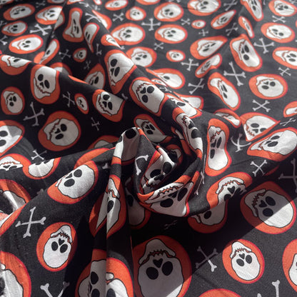 Deadstock Orange, Black & White Skull Circle Print Cotton Fabric