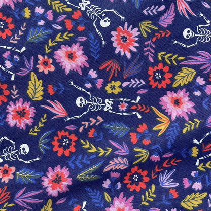 Skulls & Floral Party Polycotton Fabric Navy, Red & Pink