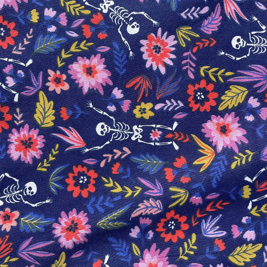 Skulls & Floral Party Polycotton Fabric Navy, Red & Pink