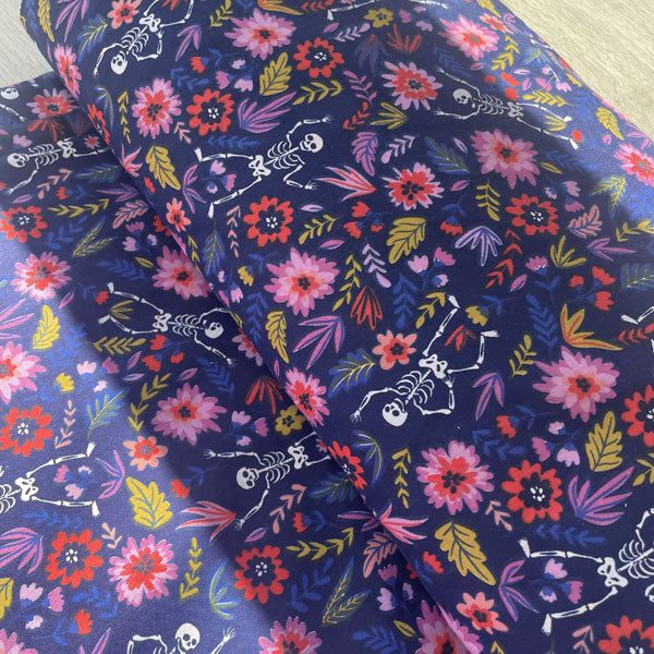 Skulls & Floral Party Polycotton Fabric Navy, Red & Pink