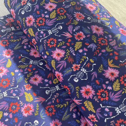 Skulls & Floral Party Polycotton Fabric Navy, Red & Pink