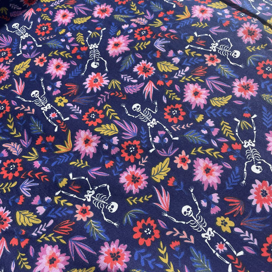 Skulls & Floral Party Polycotton Fabric Navy, Red & Pink
