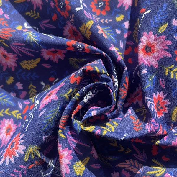 Skulls & Floral Party Polycotton Fabric Navy, Red & Pink
