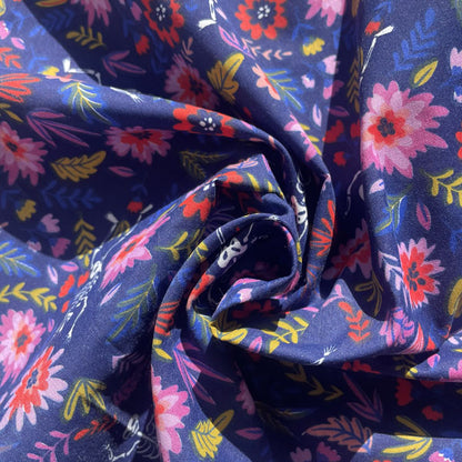 Skulls & Floral Party Polycotton Fabric Navy, Red & Pink