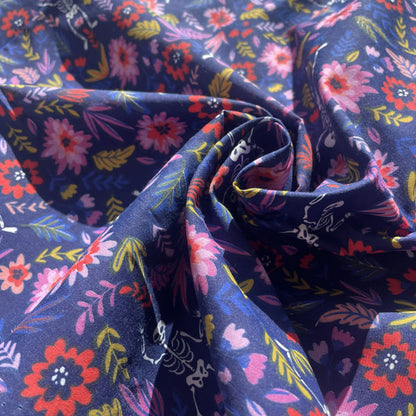 Skulls & Floral Party Polycotton Fabric Navy, Red & Pink