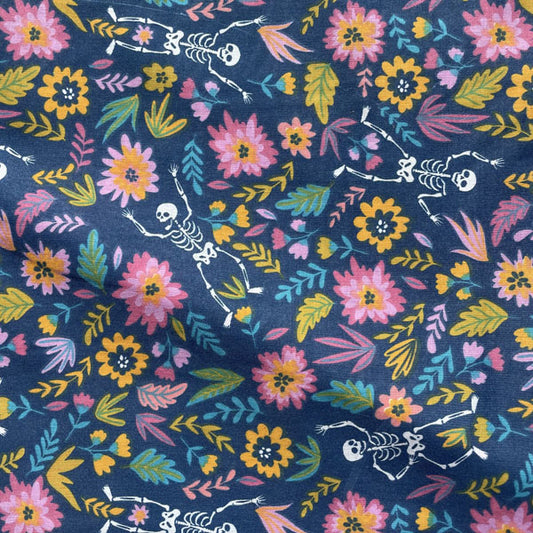 Skulls & Floral Party Polycotton Fabric Blue, Pink & Yellow