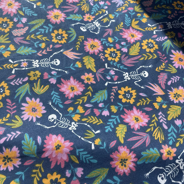 Skulls & Floral Party Polycotton Fabric Blue, Pink & Yellow