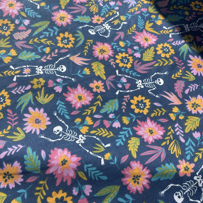 Skulls & Floral Party Polycotton Fabric Blue, Pink & Yellow