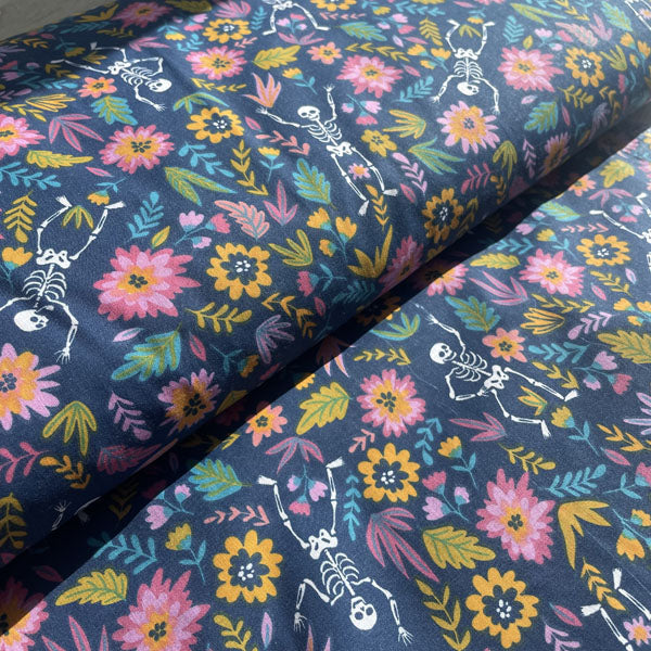Skulls & Floral Party Polycotton Fabric Blue, Pink & Yellow