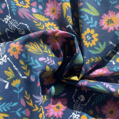 Skulls & Floral Party Polycotton Fabric Blue, Pink & Yellow
