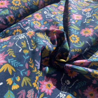 Skulls & Floral Party Polycotton Fabric Blue, Pink & Yellow