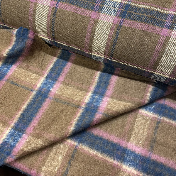 Deadstock Brown, Pink & Purple Tartan Check Wool Blend Coating Fabric