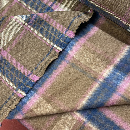 Deadstock Brown, Pink & Purple Tartan Check Wool Blend Coating Fabric