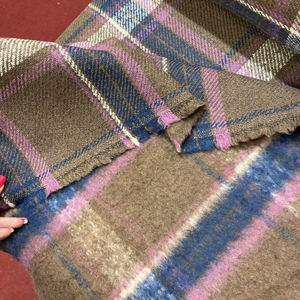 Deadstock Brown, Pink & Purple Tartan Check Wool Blend Coating Fabric