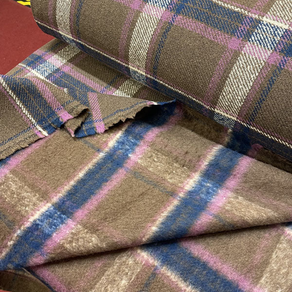 Deadstock Brown, Pink & Purple Tartan Check Wool Blend Coating Fabric
