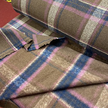 Deadstock Brown, Pink & Purple Tartan Check Wool Blend Coating Fabric