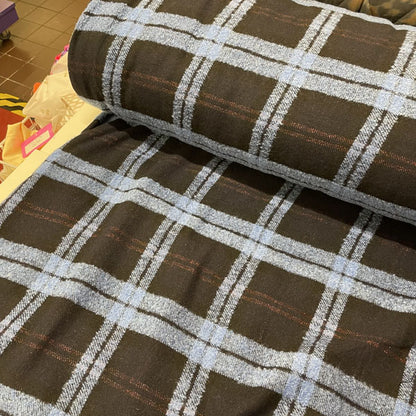 Deadstock Navy, Blue & Metallic Red Tartan Check Wool Blend Coating Fabric