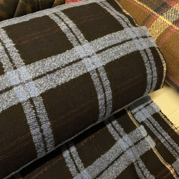 Deadstock Navy, Blue & Metallic Red Tartan Check Wool Blend Coating Fabric