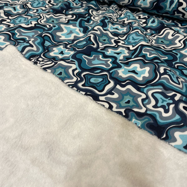 Deadstock Turquoise & Blue Squiggle Geometric Alpine Fleece Backed Sweatshirting Fabric