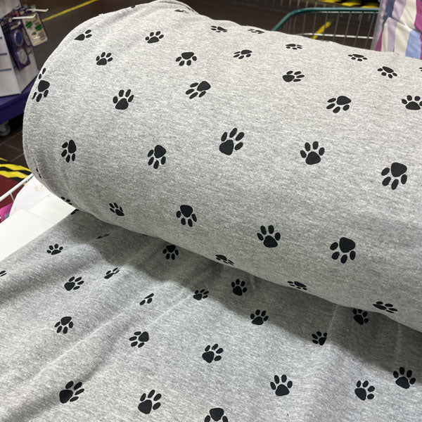 Deadstock Grey & Black Paw Print Alpine Fleece Backed Sweatshirting Fabric
