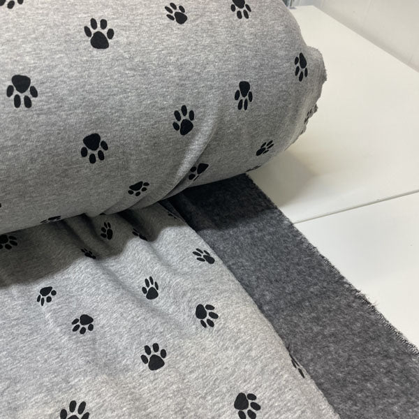 Deadstock Grey & Black Paw Print Alpine Fleece Backed Sweatshirting Fabric