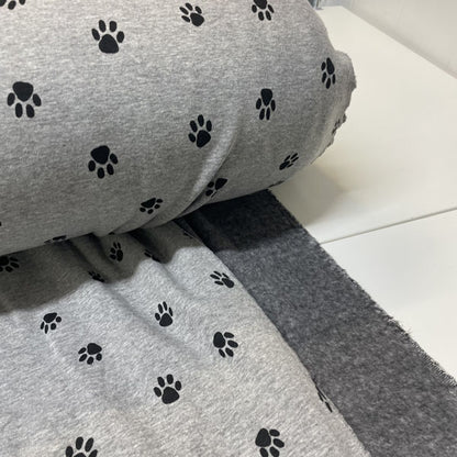 Deadstock Grey & Black Paw Print Alpine Fleece Backed Sweatshirting Fabric