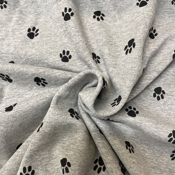 Deadstock Grey & Black Paw Print Alpine Fleece Backed Sweatshirting Fabric