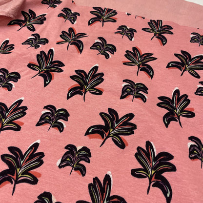 Deadstock Pink Geometric Palm Leaf Alpine Fleece Backed Sweatshirting Fabric
