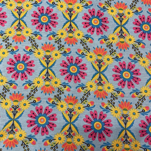 Deadstock Aqua Blue Floral Alpine Fleece Backed Sweatshirting Fabric