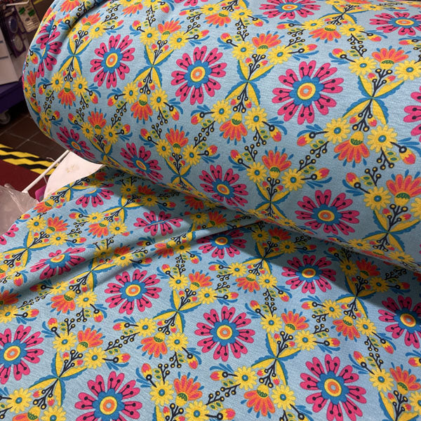 Deadstock Aqua Blue Floral Alpine Fleece Backed Sweatshirting Fabric