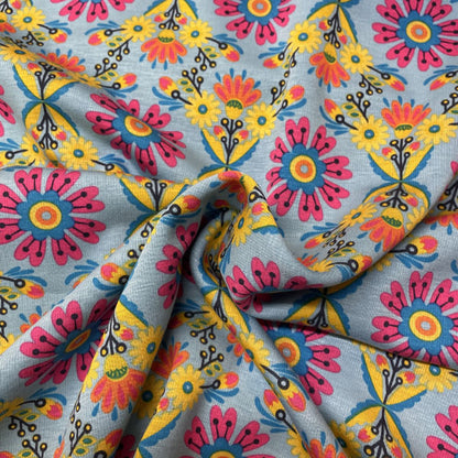 Deadstock Aqua Blue Floral Alpine Fleece Backed Sweatshirting Fabric