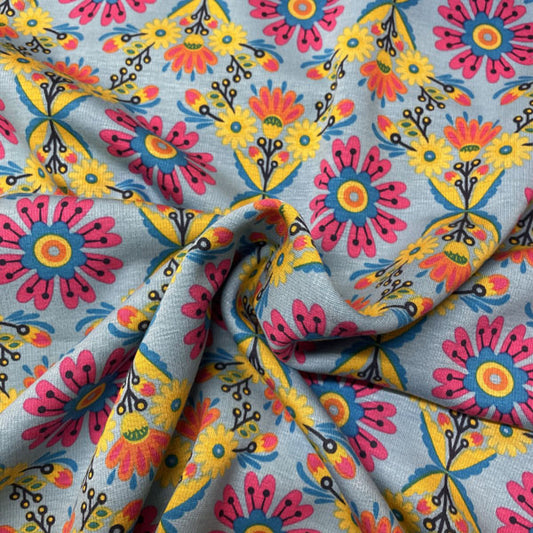 Deadstock Aqua Blue Floral Alpine Fleece Backed Sweatshirting Fabric