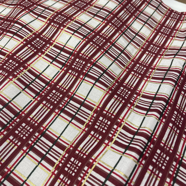 Deadstock Festive Metallic White, Red & Gold Tartan Cotton Fabric