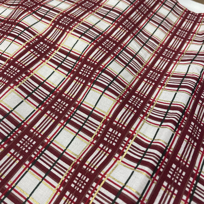 Deadstock Festive Metallic White, Red & Gold Tartan Cotton Fabric