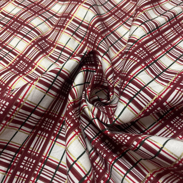 Deadstock Festive Metallic White, Red & Gold Tartan Cotton Fabric
