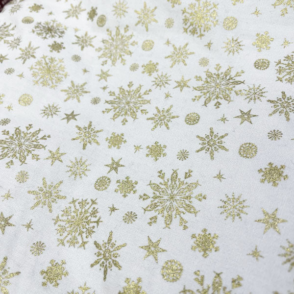 Deadstock Gold Snowflake White Cotton Fabric