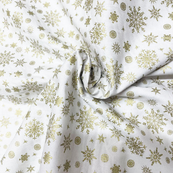 Deadstock Gold Snowflake White Cotton Fabric