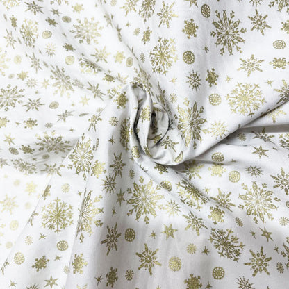 Deadstock Gold Snowflake White Cotton Fabric