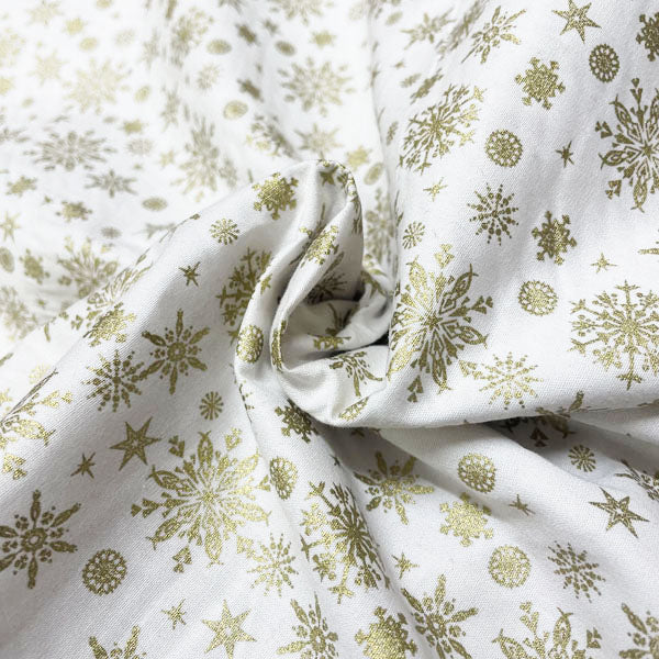 Deadstock Gold Snowflake White Cotton Fabric