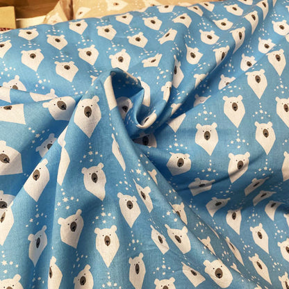 Deadstock Blue Polar Bear Christmas Polycotton Fabric