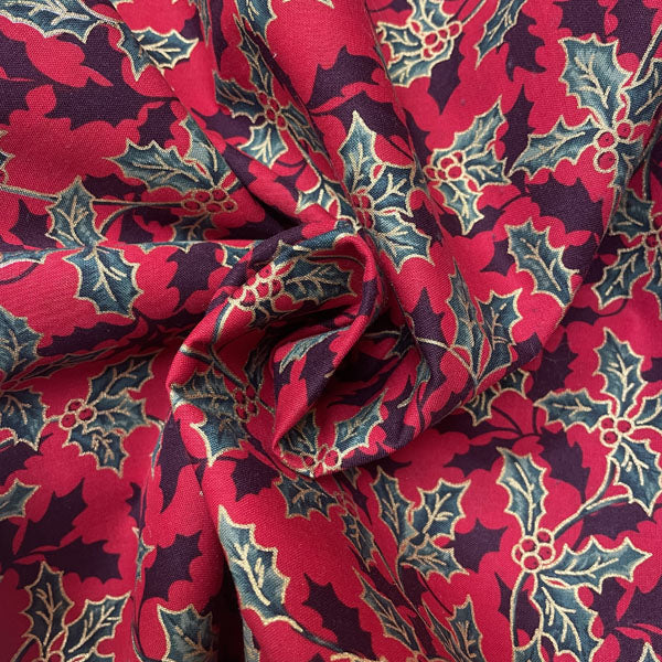 Deadstock Holly Print Christmas Cotton Fabric