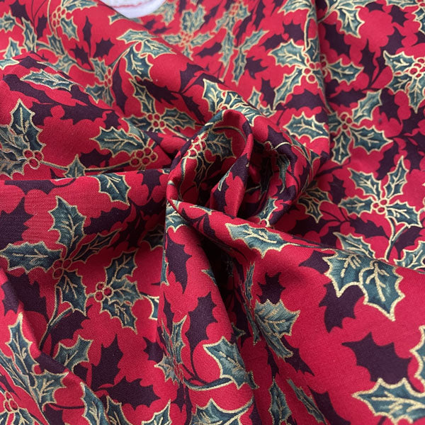 Deadstock Holly Print Christmas Cotton Fabric